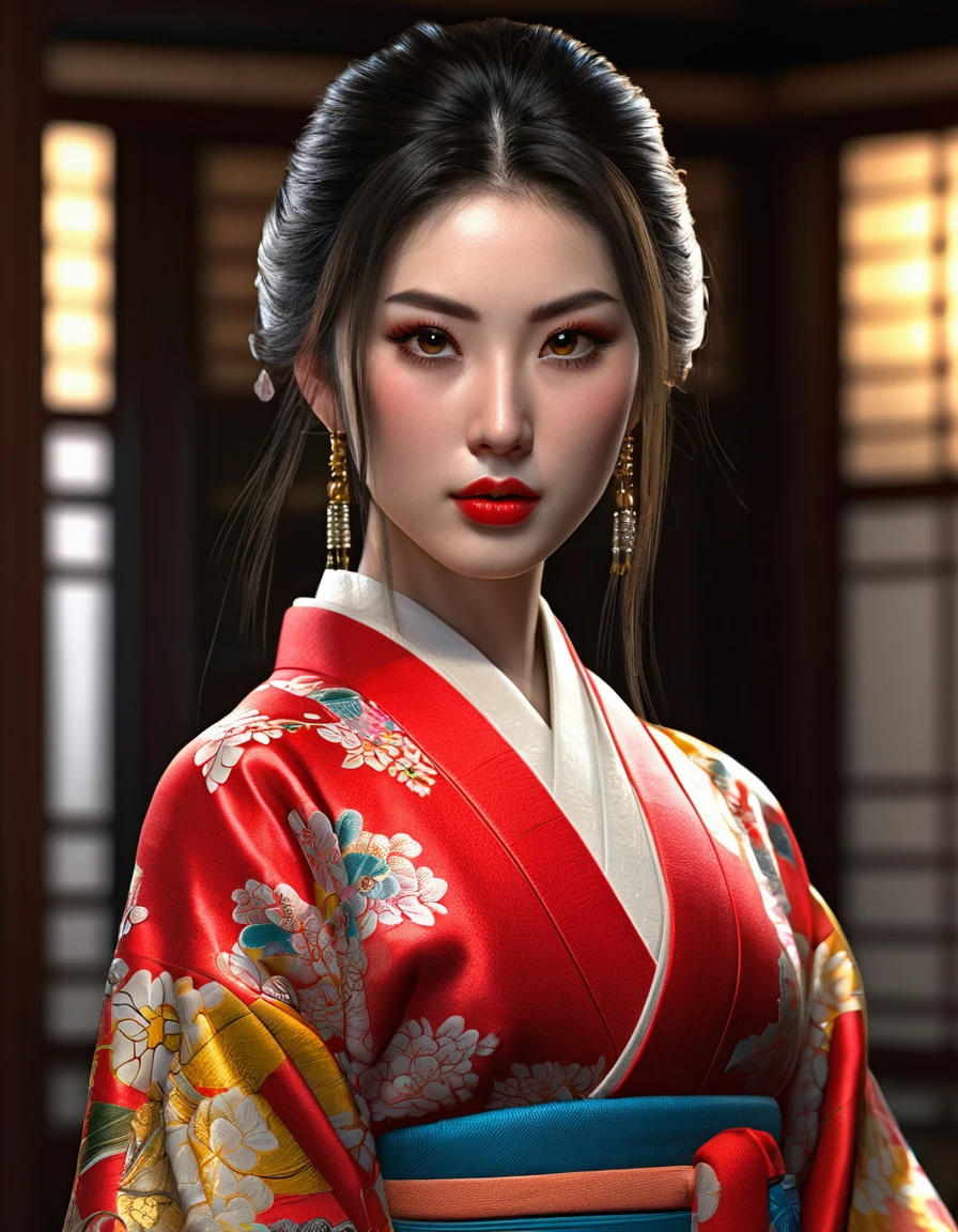 a beautiful japanese girl, detailed face, beautiful detailed eyes, beautiful detailed lips, extremely detailed eyes and face, long dark hair, hairpin, detailed bull-pattern tattoo on bare back, solemn expression, traditional red kimono with yellow stripe, dramatic lighting, photorealistic, ultra-detailed, realistic, vivid colors, concept art, best quality, 8k, highres, masterpiece, physically-based rendering, extreme detail description, professional
