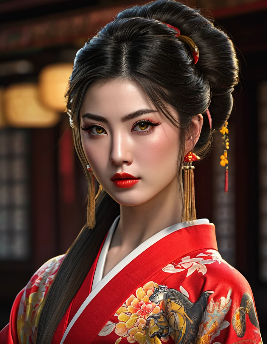 a beautiful japanese girl, detailed face, beautiful detailed eyes, beautiful detailed lips, extremely detailed eyes and face, long dark hair, hairpin, detailed bull-pattern tattoo on bare back, solemn expression, traditional red kimono with yellow stripe, dramatic lighting, photorealistic, ultra-detailed, realistic, vivid colors, concept art, best quality, 8k, highres, masterpiece, physically-based rendering, extreme detail description, professional