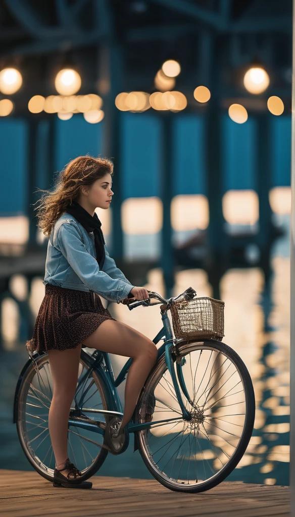 Surrealism:1.5, Bokeh, young woman aesthetic, bicycle riding, pier, High-quality DSLR snapshots, High-definition film grain photo taken at f/16, ISO 100, With 200mm lens, Global Illumination, Fibonacci