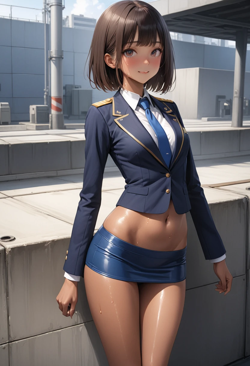 (masterpiece,Highest quality:1.3,best quality illustration),realistic,cowboy shot,1woman,30 year old Japanese beauty,Naval officer、((very small head:1.5)),short bob hair,brown hair,bangs,brown eyes,gorgeous eyes,shy,smile,((Dark blue blazer jacket、White Shirt、Blue tie、Navy blue mini skirt、black thighhighs))、navy uniform,small breasts,((very long body:1.4,tan skin:1.2)),(toned body,slender body,skinny),gleaming skin,shiny skin,sweat:1.2,standing,sitting,conference room、Naval Base、