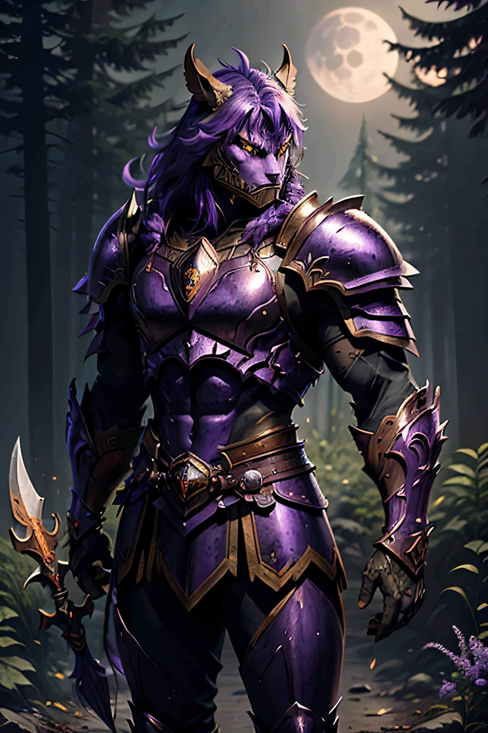 warrior cat, warrior armor, shimmering purple armor, spear in his right hand, beautiful forest, Moonlight