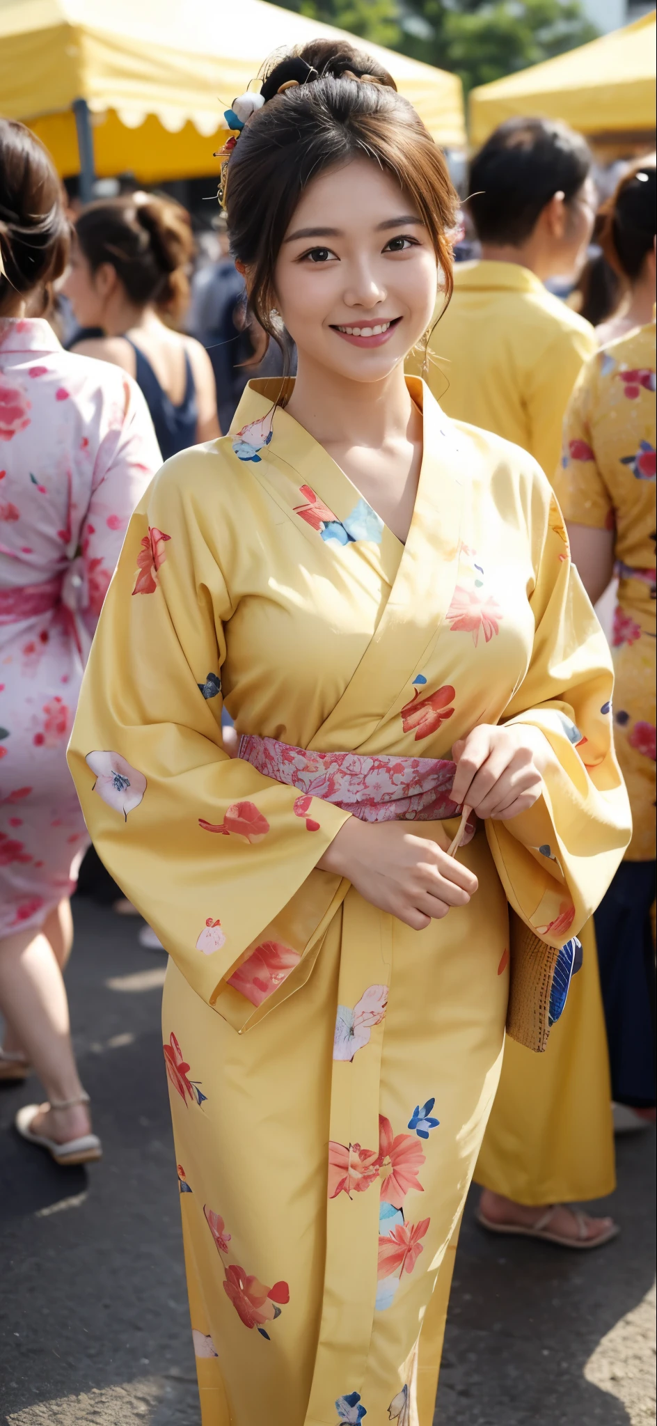 A woman wearing a yellow floral yukata having fun at a summer festival in the evening