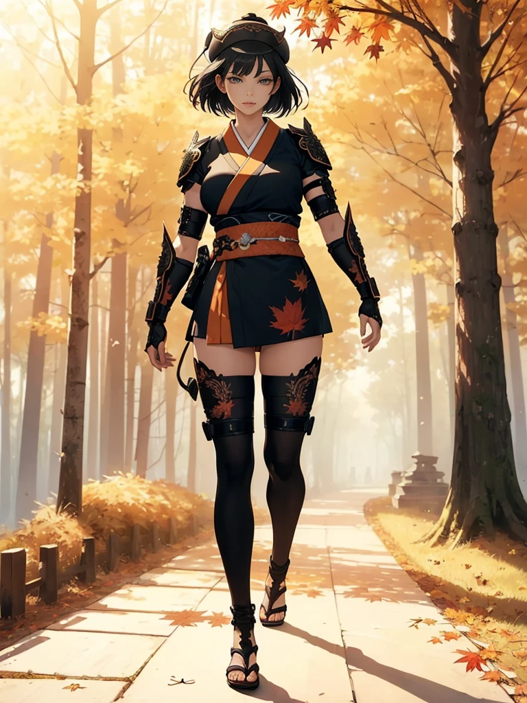 ((1girl, solo)), beautiful body, (perfect anatomy, perfect body, perfect hands, perfect legs), (five fingers:1.5), natural proportions, sexy body, (large breasts:1.3), cowboy shot BREAK
((extremely detailed face)), (beautiful detailed eyes:1.6), (realistic pupils, realistic iris:1), expressive eyes, looking at viewer, (clear eyes:1.3), (hyperrealistic:1.2), (detailed skin texture:1.2), smooth skin, (black hair:1.5), (red eyes), (short hair:1.3), (detailed lips:1.2), (attractive lips:1.1), (glossy lips:1.1), (parted lips), perfect face, perfect eyes BREAK
samurai, japanese clothes, (short kimono:1.5), puffy short sleeves, sash, black elbow gloves, fingerless gloves, (arm guard:1.5), thighs, black thighhighs, ass visible through thighs, skindentation, shimenawa, (jingasa hat:1.5) BREAK
outdoors, (autumn season:1.5), (torii gate), east asian architecture, (forest:1.5), (tree:1.4), stone path BREAK
(masterpiece:1.5), anime-style, top quality, best quality, (beautiful and aesthetic:1.2), (ultra detail:1.5), Ultra-detailed depiction, Ultra-precise depiction, extremely detailed 8k illustration, high resolution, (highly detailed shading:1.2), (realistic lighting:1.4), perfect lighting, vibrant colors, dynamic tones, striking hues, 8k, absurd resolution, perfect shadows, hdr, UHD, ambient lighting, realistic, ultra-realistic, photo realistic, highly detailed, rich detail, luminous colors, fine texture, intricate design, professional illustration, (soft light:1.2), (illustration:0.7)