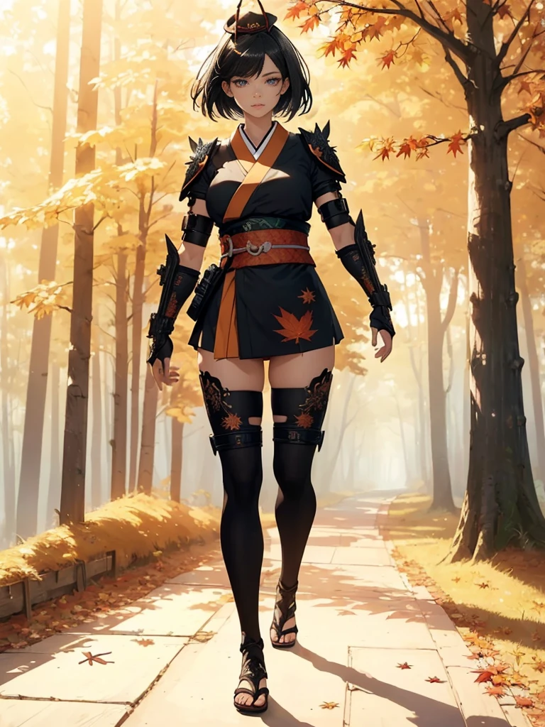 ((1girl, solo)), beautiful body, (perfect anatomy, perfect body, perfect hands, perfect legs), (five fingers:1.5), natural proportions, sexy body, (large breasts:1.3), cowboy shot BREAK 

((extremely detailed face)), (beautiful detailed eyes:1.6), (realistic pupils, realistic iris:1), expressive eyes, looking at viewer, (clear eyes:1.3), (hyperrealistic:1.2), (detailed skin texture:1.2), smooth skin, (black hair:1.5), (red eyes), (short hair:1.3), (detailed lips:1.2), (attractive lips:1.1), (glossy lips:1.1), (parted lips), perfect face, perfect eyes BREAK

samurai, japanese clothes, (short kimono:1.5), puffy short sleeves, sash, black elbow gloves, fingerless gloves, (arm guard:1.5), thighs, black thighhighs, ass visible through thighs, skindentation, shimenawa, (jingasa hat:1.5) BREAK

outdoors, (autumn season:1.5), (torii gate), east asian architecture, (forest:1.5), (tree:1.4), stone path BREAK

(masterpiece:1.5), anime-style, top quality, best quality, (beautiful and aesthetic:1.2), (ultra detail:1.5), Ultra-detailed depiction, Ultra-precise depiction, extremely detailed 8k illustration, high resolution, (highly detailed shading:1.2), (realistic lighting:1.4), perfect lighting, vibrant colors, dynamic tones, striking hues, 8k, absurd resolution, perfect shadows, hdr, UHD, ambient lighting, realistic, ultra-realistic, photo realistic, highly detailed, rich detail, luminous colors, fine texture, intricate design, professional illustration, (soft light:1.2), (illustration:0.7)