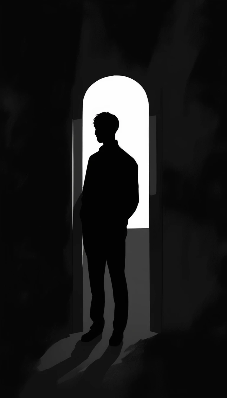 black silhouette of a man who is sad, depressed and hurt. manga style, digital art, by Marshall Arisman, cover illustration, 70mm, 7 0 mm, 70 mm, book cover illustration, by Brigette Barrager, album cover, novel cover art for a book, art concept for a book cover, cover art, 7 feet tall,