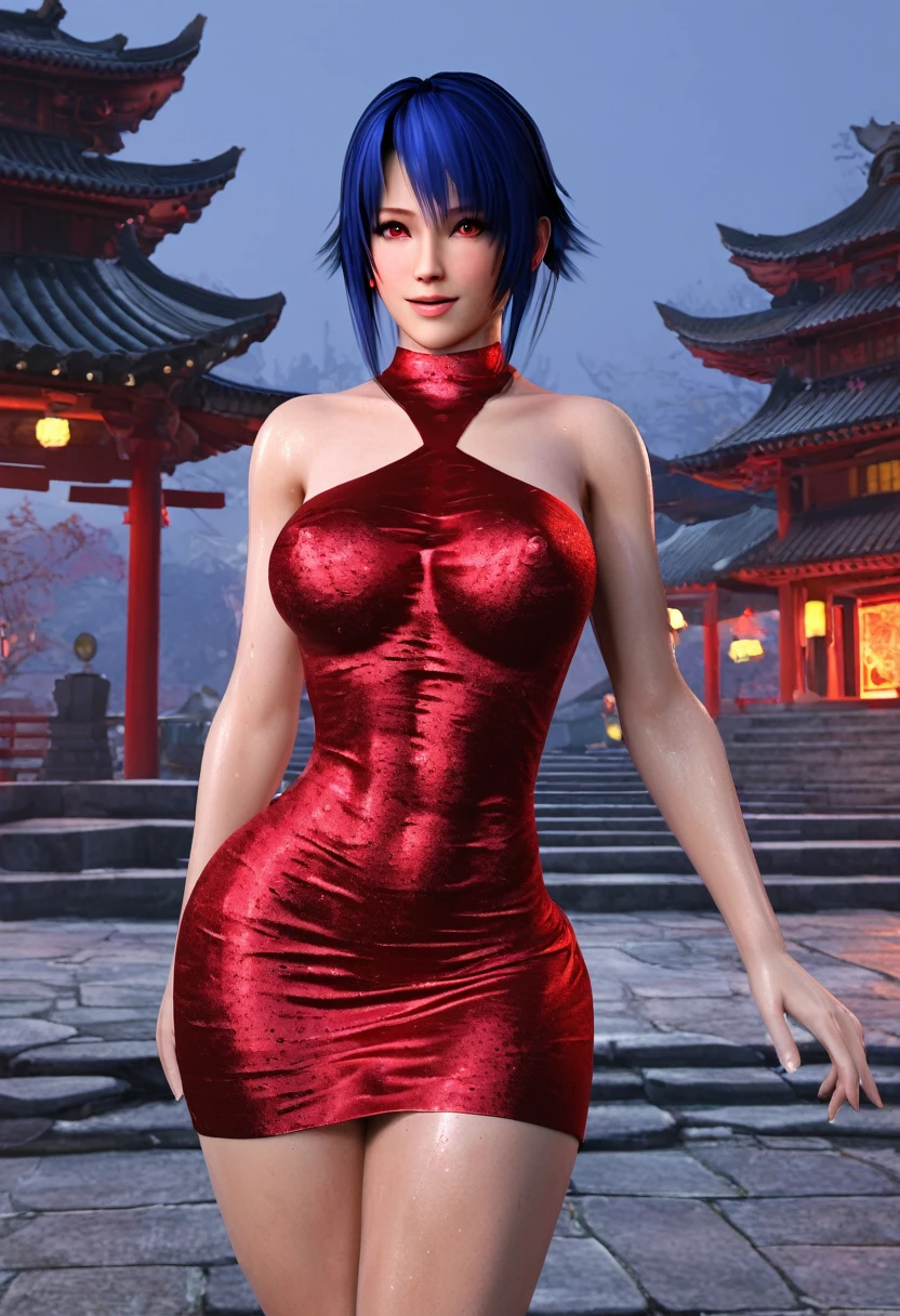 Good quality, best quality, masterpiece, 8k character, sexy female character, a female ninja, blue hair, short hair, lusty expression, red eyes, American face, sweating, a tight dress, two piece dress, party gown like costume, sexy dress, XXL extremely unnatural big , toned stomach, sexy, very revealing dress, bra and panty like dress, tight dress ,dead or alive style, 3d style, moonlight in background, dojo temple in background