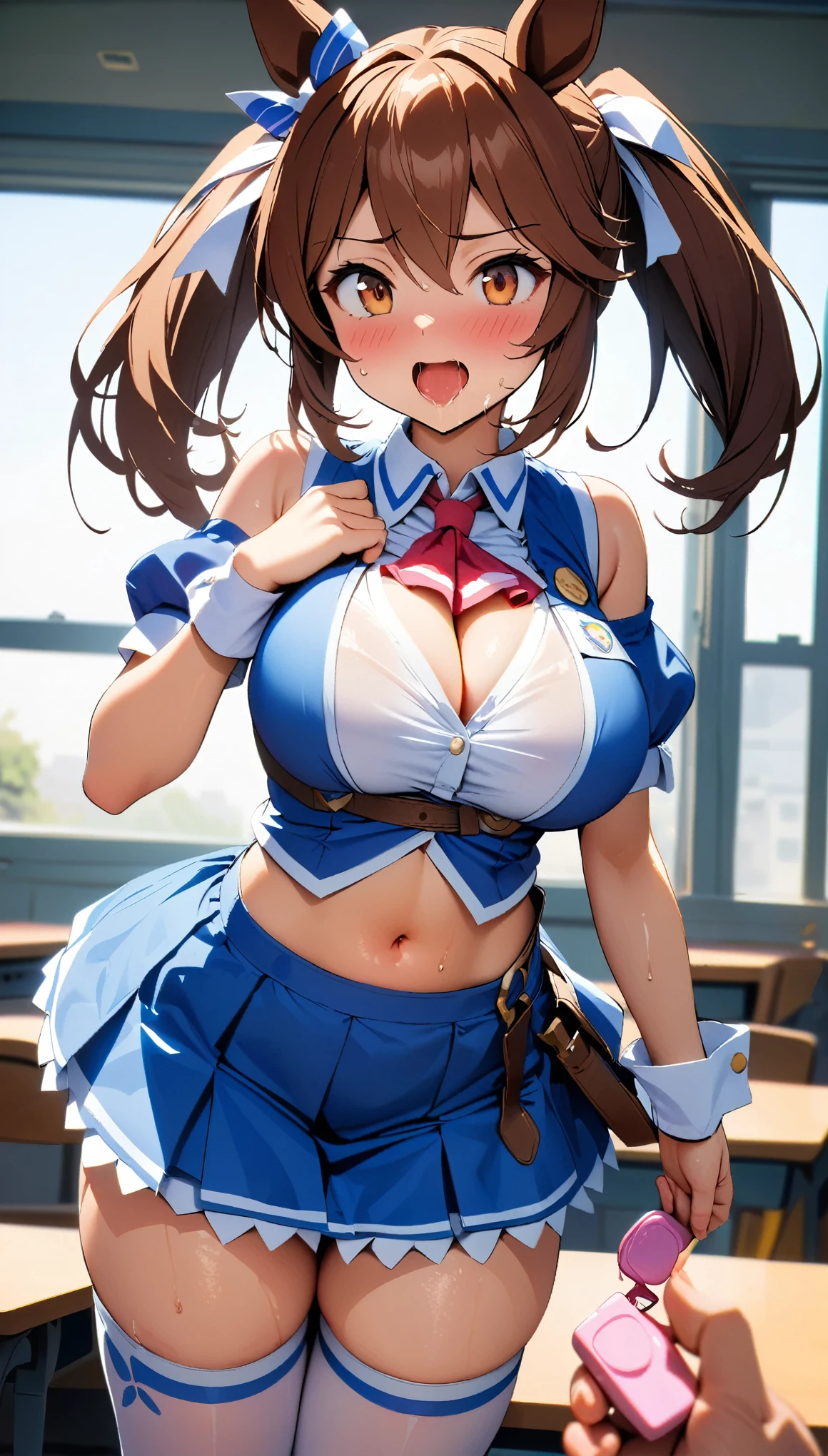 [1girl, hishi akebono \(umamusume\), umamusume], (goblin slayer!), (throw_hand, pink vibrator remote switch in throw_hand, throw:1.2), Highest quality, Super detailed, masterpiece, Ultra-high resolution, 8K, Ridiculous, Cowboy Shooting, Blurred, Focus on the girl, Embarrassing, blush, Lovely, Open your mouth, What saliva leaves behind, Wet skirt hem, (Sticky panties:1.1), Bulging of the vibrator cord, Vibrator with Garters, (cleavage), Classroom Background, The skirt is accidentally exposed,(large breasts), (crop top navel), (waist line), Accidentally exposed panties