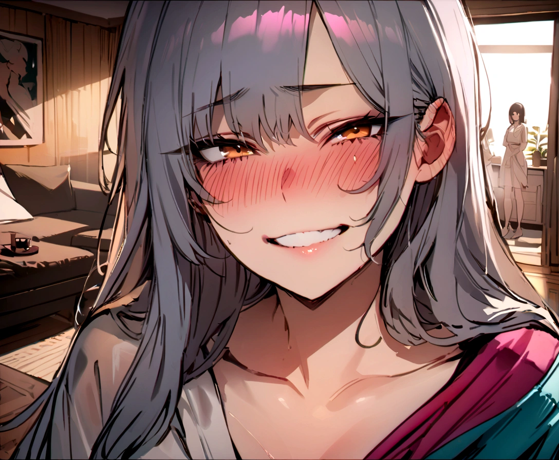 masterpiece, best quality, 3 Korean girls close to one another, deep blush, grin, looking at viewer, living room background