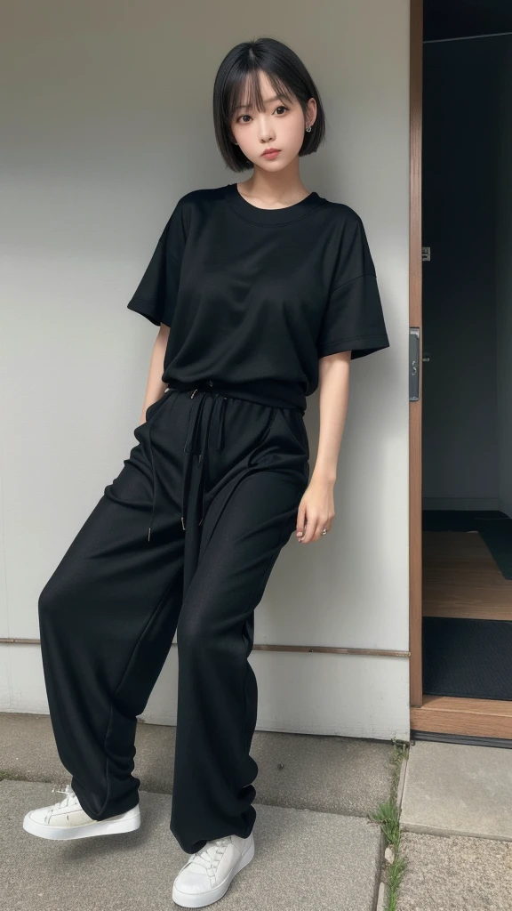 (8K, Photorealistic, Raw photo, Highest quality: 1.4),Japanese idol-style beautiful girl,model,1 person,18-year-old,(Short Bob),(Silver Hair :1.1),She has her hair tucked behind her ears,Clear grey eyes,Long eyelashes,(piercings(small)),(Lip gloss),lips(Plump,glossy),thin long neck,(Big T-shirt),(Wide leg pants((Black),(Sweat fabric),(Length that covers the instep))),pumps,Full body portrait