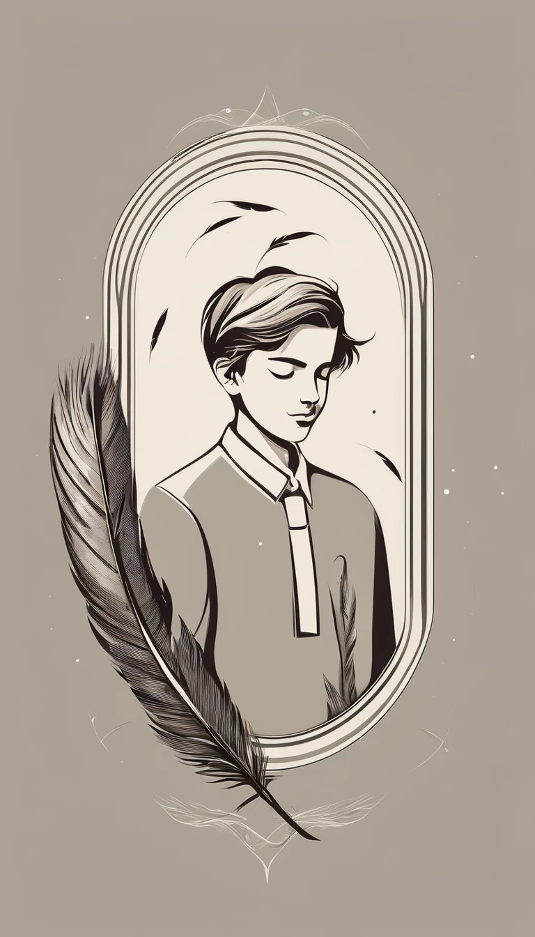 A minimalist, fantastic, poetic, dreamy, captivating, memorable, masterpiece, modern, simple logo design of a boy and a feather for the brand “Penamemoria". The logo must convey a sense of music, stories and dreams. Minimalistic logo design of a boy and a feather.