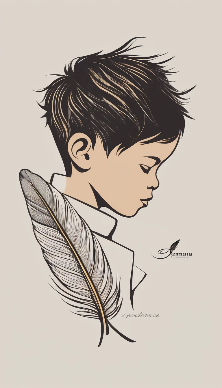 A minimalist, fantastic, poetic, dreamy, captivating, memorable, masterpiece, modern, simple logo design of a boy and a feather for the brand “Penamemoria". The logo must convey a sense of music, stories and dreams. Minimalistic logo design of a boy and a feather.