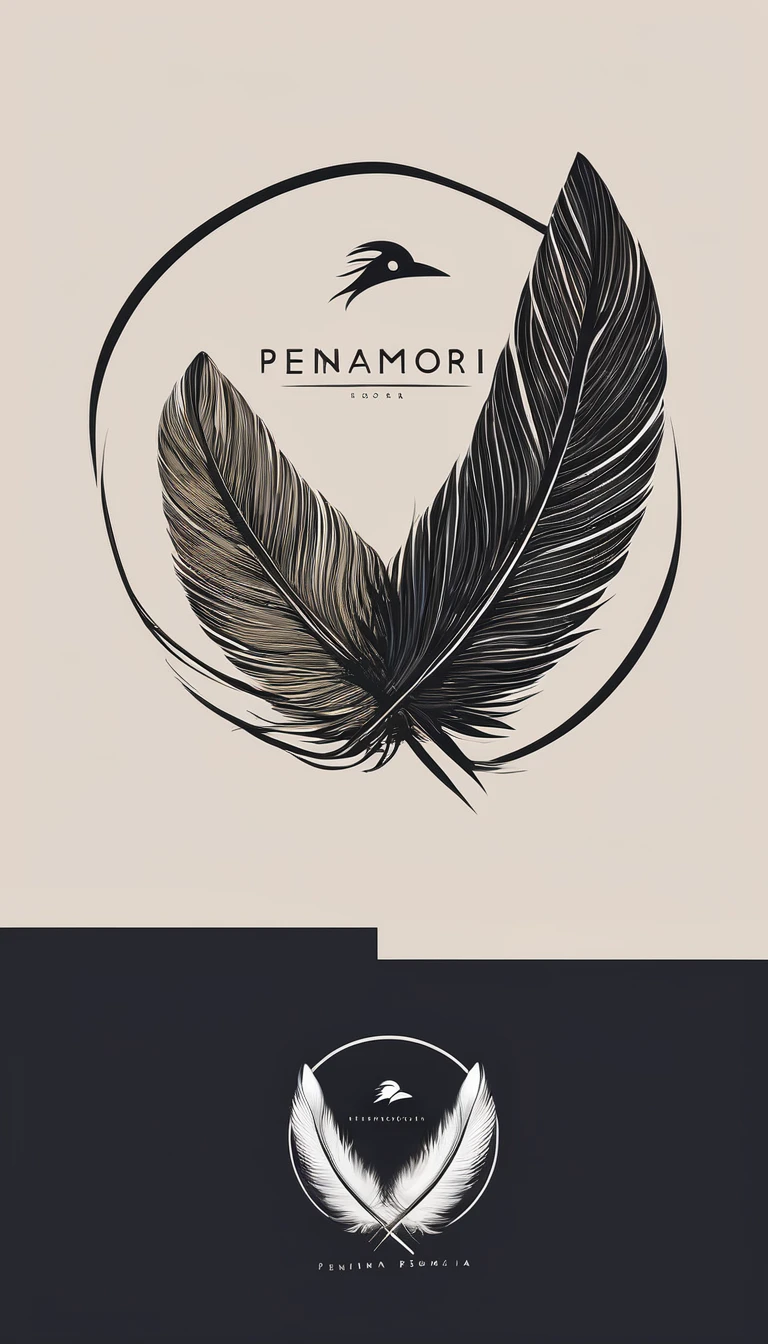 A minimal, modern, simple, cinematic logo design for the brand “Penamemoria". Create a modern, minimalistic, high-quality, logo of a feather-bird
