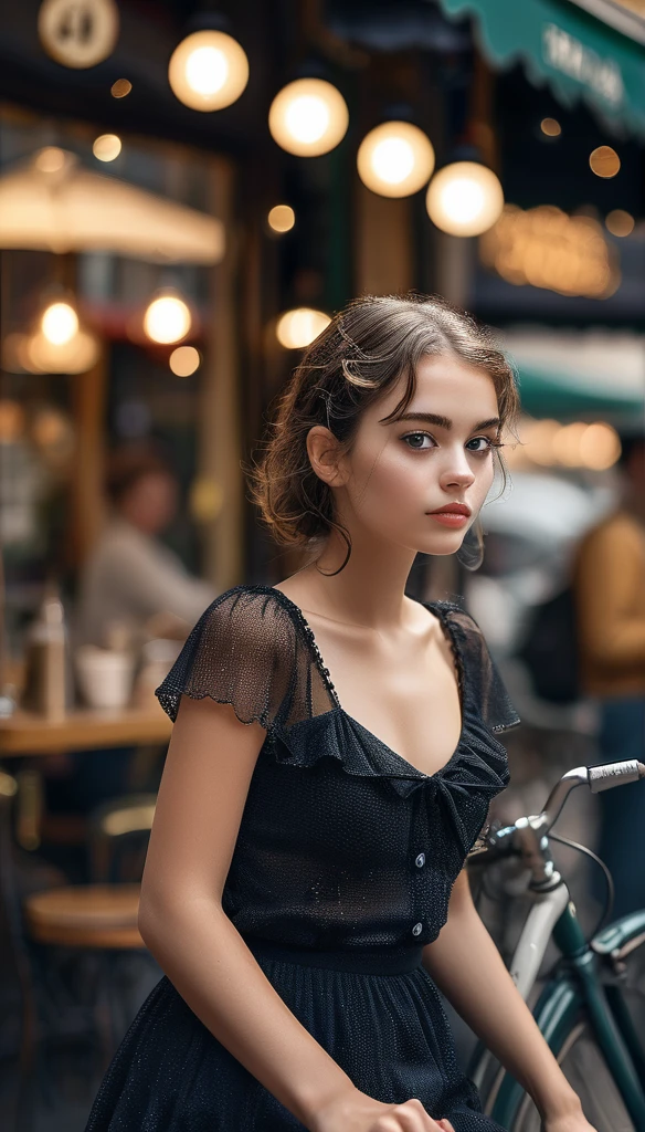 Surrealism:1.5, Bokeh, young woman aesthetic, bicycle riding, Paris street cafe, High-quality DSLR snapshots, High-definition film grain photo taken at f/16, ISO 100, With 200mm lens, Global Illumination, Fibonacci