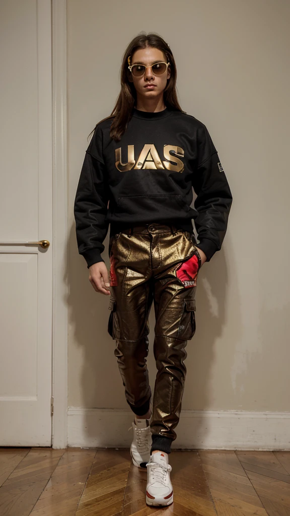 (The best quality, Ultra detailed, golden ratio, Masterpiece:1.2), retrato realist, Model man, fashion show, full leather walking, distant shot, detailed, realist, without errors, model, futuristic clothing, black cargo pants, red converse tennis shoes, red and black Varsity sweatshirt, extravagant red and black accessories, enigmatic, molding, man from afar, full red motocross goggles, model.