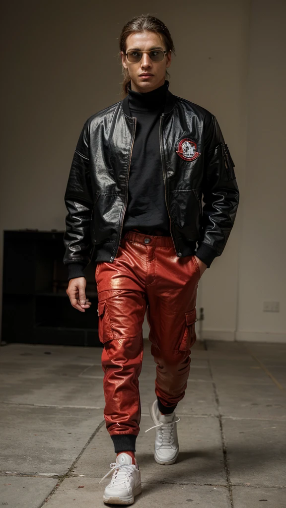(The best quality, Ultra detailed, golden ratio, Masterpiece:1.2), retrato realist, Model man, fashion show, full leather walking, distant shot, detailed, realist, without errors, model, futuristic clothing, black cargo pants, red converse tennis shoes, red and black Varsity sweatshirt, extravagant red and black accessories, enigmatic, molding, man from afar, full red motocross goggles, model.