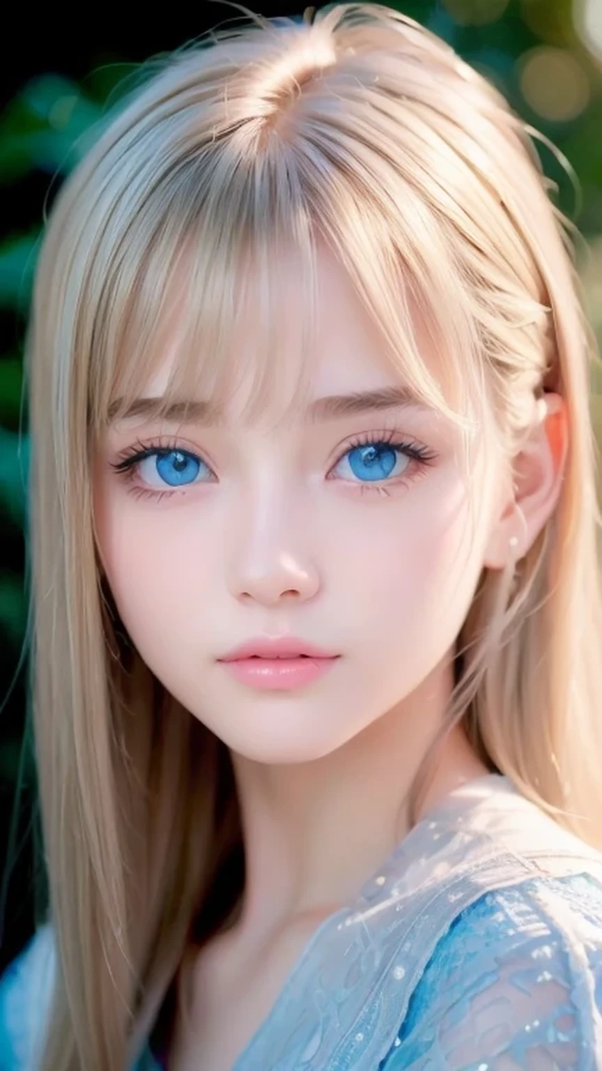 Dressed、(Photorealistic:1.4)、(ハイパーRealistic:1.4)、(Realistic:1.3)、(Smooth lighting:1.05)、(Improved cinematic lighting quality:0.9)、32k、1 Girl、Very cute expression、A beautiful 16 year old blonde girl、Bangs over the eyeessy bangs、Realistic top lighting、Backlight、Face Light、Super long silky platinum hair、Blonde rays、(Bright light:1.2)、(quality improvement:1.4)、(Highest quality realistic textured skin:1.4)、Very beautiful detailed large shining light blue eyes、Very big eyes、Detailed face、A careful eye for quality、(Tired, sleepy and satisfied: 0.0)、Face close up、T-Shirts、(Enhances the body line:1.1)、(Enhances the beauty of skin texture:1.1)、Cheek gloss highlighter