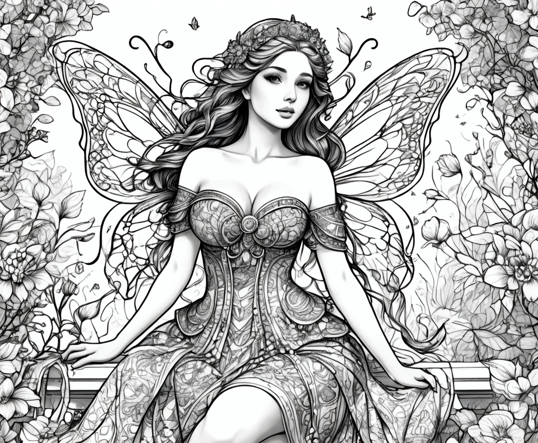 a fairy with gigantic breast in a ornamental outfit posing in a garden, wearing an ornate outfit, wearing ornate clothing, clean line art, white background, colouring page, clean outline, sketch style, floral frame, decorative panel, abstract ,sketch, character lines and scenes without colors and shadows. (Masterpiece, Best Quality, Highres:1.4), Detailed, Intricate Details, 4K, color splashes, line art