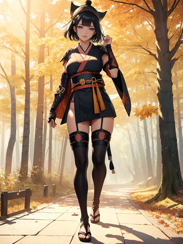 ((1girl, solo)), beautiful body, (perfect anatomy, perfect body, perfect hands, perfect legs), (five fingers:1.5), natural proportions, sexy body, (large breasts:1.3), cowboy shot BREAK 

((extremely detailed face)), (beautiful detailed eyes:1.6), (realistic pupils, realistic iris:1), expressive eyes, looking at viewer, (clear eyes:1.3), (hyperrealistic:1.2), (detailed skin texture:1.2), smooth skin, (black hair:1.5), (red eyes), (short hair:1.3), (detailed lips:1.2), (attractive lips:1.1), (glossy lips:1.1), (parted lips), perfect face, perfect eyes BREAK

samurai, japanese clothes, (short kimono:1.5), puffy short sleeves, sash, black elbow gloves, fingerless gloves, (arm guard:1.5), thighs, black thighhighs, ass visible through thighs, skindentation, shimenawa, (jingasa hat:1.5) BREAK

outdoors, (autumn season:1.5), (torii gate), east asian architecture, (forest:1.5), (tree:1.4), stone path BREAK

(masterpiece:1.5), anime-style, top quality, best quality, (beautiful and aesthetic:1.2), (ultra detail:1.5), Ultra-detailed depiction, Ultra-precise depiction, extremely detailed 8k illustration, high resolution, (highly detailed shading:1.2), (realistic lighting:1.4), perfect lighting, vibrant colors, dynamic tones, striking hues, 8k, absurd resolution, perfect shadows, hdr, UHD, ambient lighting, realistic, ultra-realistic, photo realistic, highly detailed, rich detail, luminous colors, fine texture, intricate design, professional illustration, (soft light:1.2), (illustration:0.7)