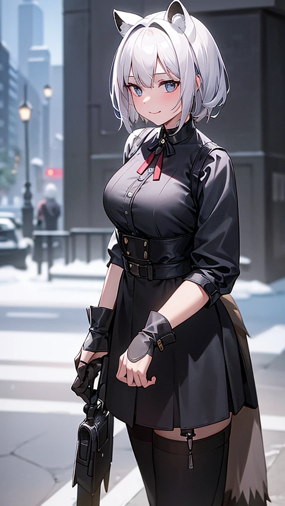(work of art, best qualityer), 2d, 1 girl, medium sized breast, details Intricate, White hair, shorth hair, eyes black, gazing at viewer, Black raccoon ears, raccoon tail, black hair ribbon, hand on own face, Red shirt, black pants, cowboy shot, black trim, Black boots, standing, ssmile, gazing at viewer, gaping mouth, ever forward, city background, choker, snowy background