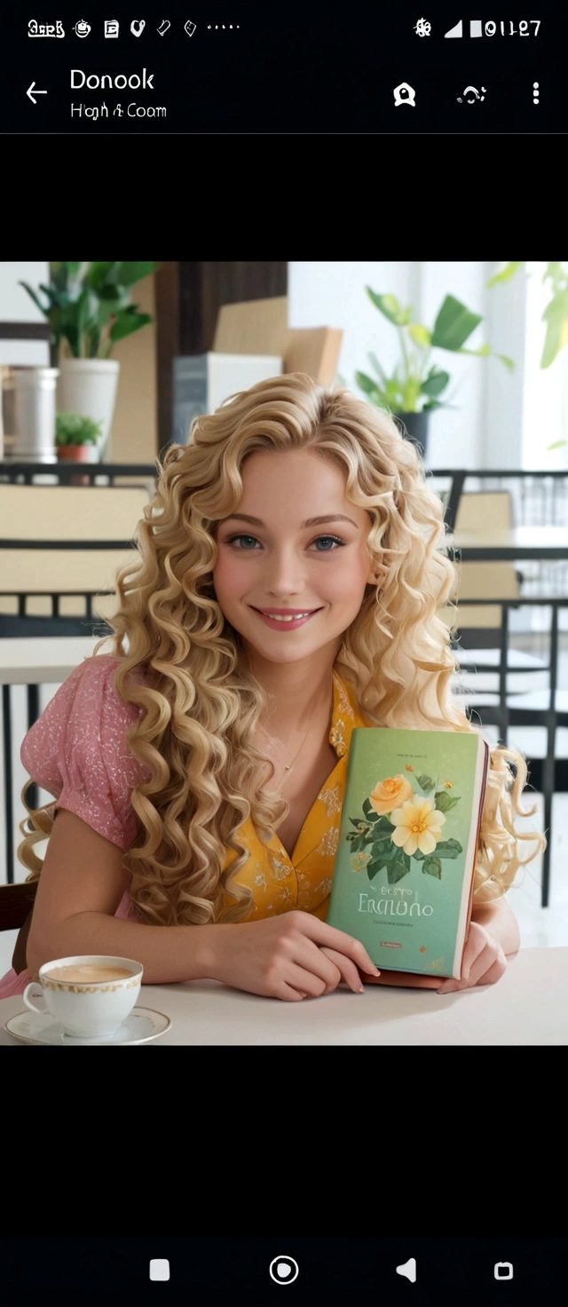 there is a blonde woman with long curly hair, Smiling for the camera, sitting at the table with a book in hand 