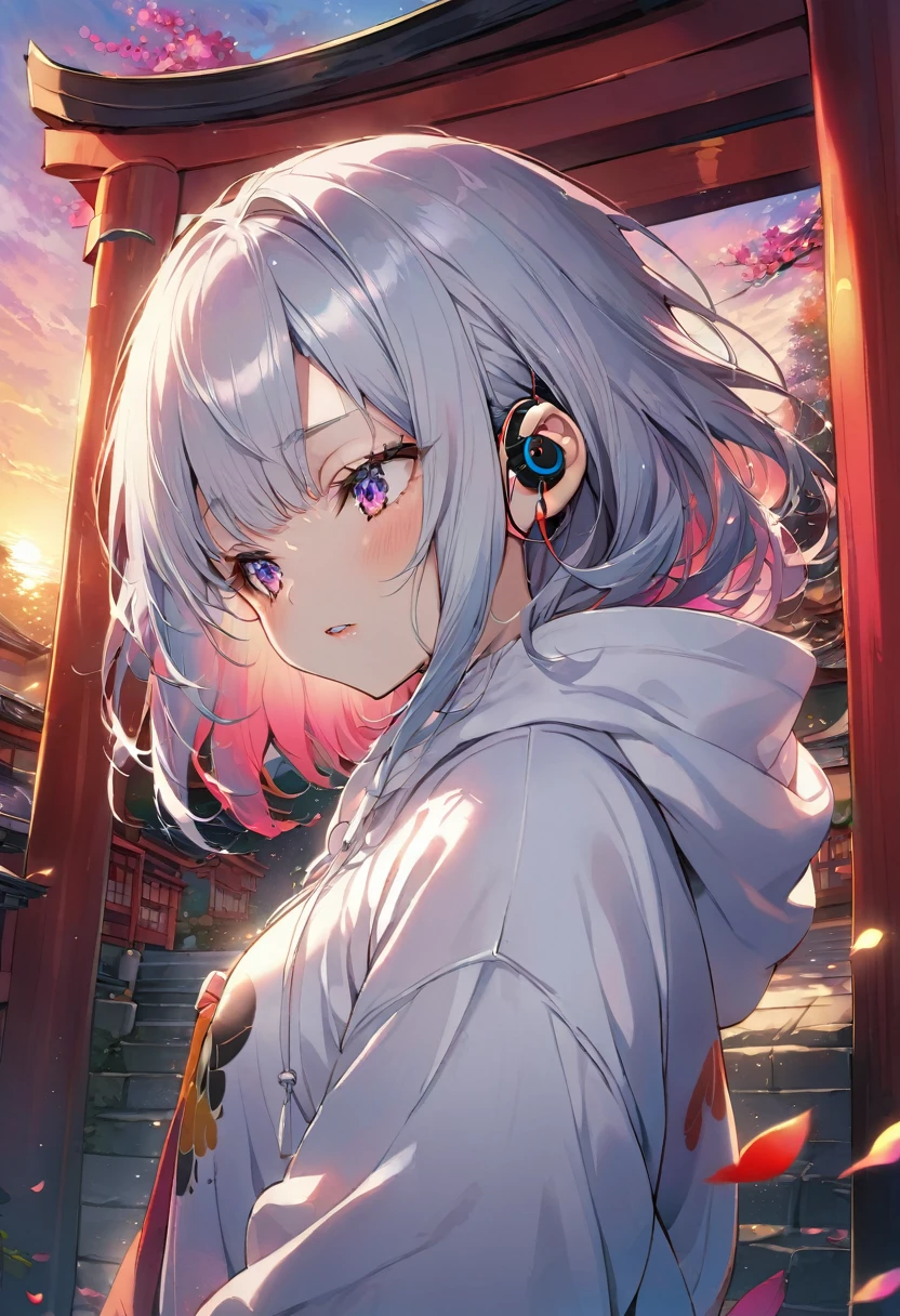 ((Masterpiece)), ((best quality)), (Anime:1.3), (super detail:1.2), (High Definition:1.3), (Professional Photography:1.3), cute young Girl, (pray hands), (Look down), (closed eyes), (Her not looking at camera), Glossy unruly hair, (loose swept bangs), (silver ash hair), medium hair, big eyes, (Eye bags:1.3), (Long eyelashes), colorful eyes, (frown), Glossy lips, (jagged teeth), ((white hoodie with oversized)), barearms, cute, (colorful:1.3), gothic makeup, Early morning, (standing), (at Shinto Shrine), colorful petals dance around her, beautiful sunset, wearing headphones, (from side),