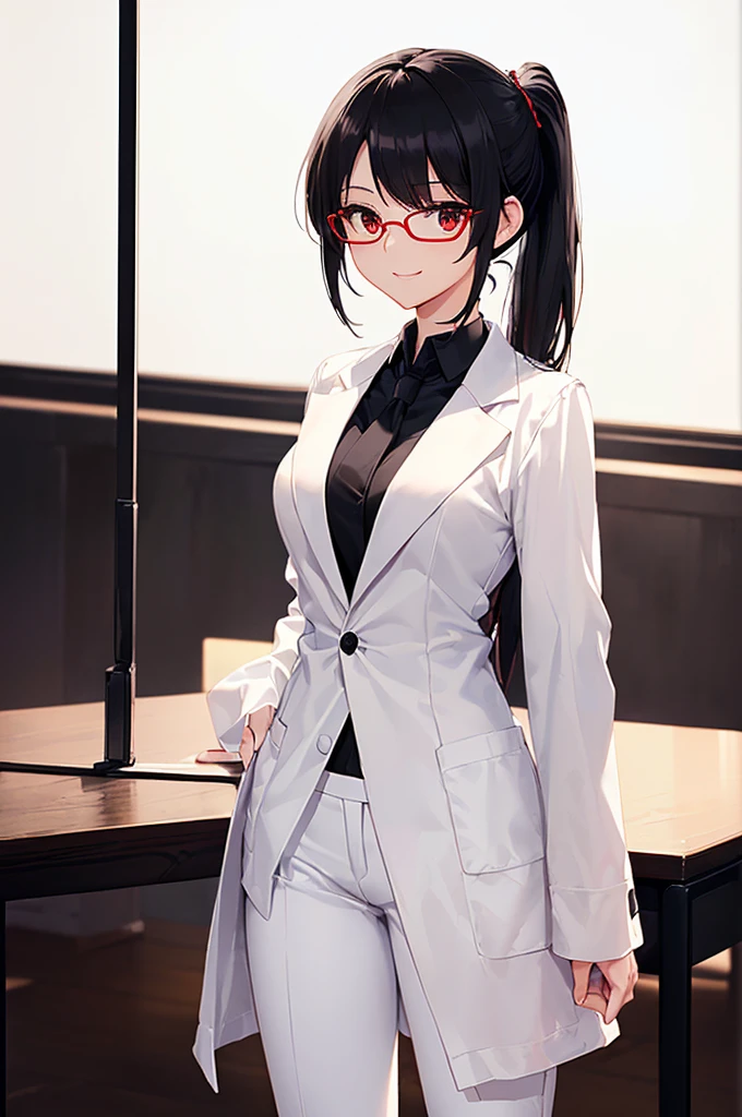 (masterpiece; best quality: 1.2), (finely detailed eyes: 1.3), ((25 year old woman)), ((solo)), (red eyes: 1.4), (body; gorgeous, lithe, femenine: 1.3), (black hair in low-ponytail: 1.3), (beautiful and clear background: 1.2), ((depth of field)), (equipment: white unbuttoned labcoat + black shirt + white tie + white pants + black square glasses: 1.3), (anime illustration: 1.2), (background composition; japanese highschool classroom + furniture: 1.1), (extremely fine and beautiful: 1.1), (shot composition; standing + centered on torso + close-up: 1.5), (expression; calm, smile: 1.2)