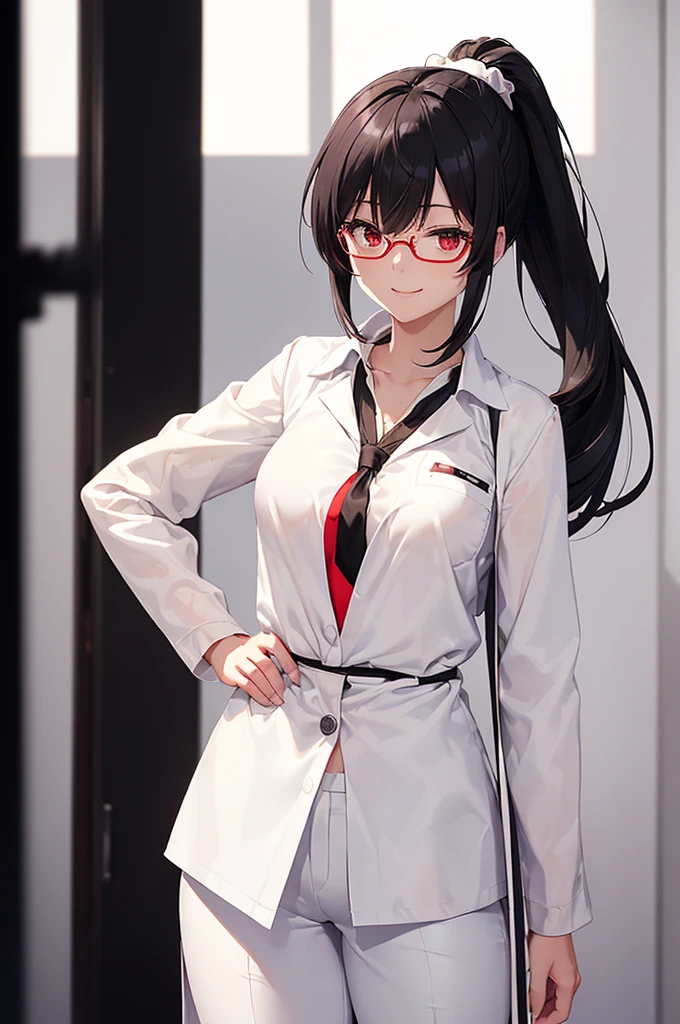 (masterpiece; best quality: 1.2), (finely detailed eyes: 1.3), ((25 year old woman)), ((solo)), (red eyes: 1.4), (body; gorgeous, lithe, femenine: 1.3), (black hair in low-ponytail: 1.3), (beautiful and clear background: 1.2), ((depth of field)), (equipment: white unbuttoned labcoat + black shirt + white tie + white pants + black square glasses: 1.3), (anime illustration: 1.2), (background composition; japanese highschool classroom + furniture: 1.1), (extremely fine and beautiful: 1.1), (shot composition; standing + centered on torso + close-up: 1.5), (expression; calm, smile: 1.2)