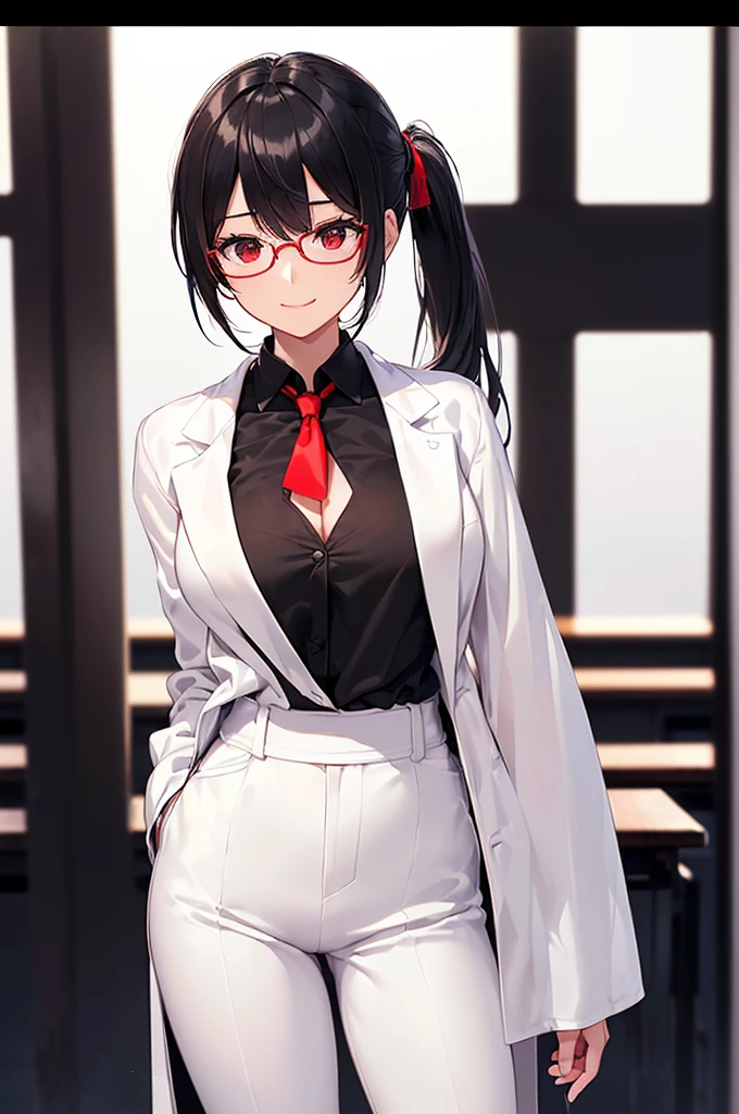 (masterpiece; best quality: 1.2), (finely detailed eyes: 1.3), ((25 year old woman)), ((solo)), (red eyes: 1.4), (body; gorgeous, lithe, femenine: 1.3), (black hair in low-ponytail: 1.3), (beautiful and clear background: 1.2), ((depth of field)), (equipment: white unbuttoned labcoat + black shirt + white tie + white pants + black square glasses: 1.3), (anime illustration: 1.2), (background composition; japanese highschool classroom + furniture: 1.1), (extremely fine and beautiful: 1.1), (shot composition; standing + centered on torso + close-up: 1.5), (expression; calm, smile: 1.2)