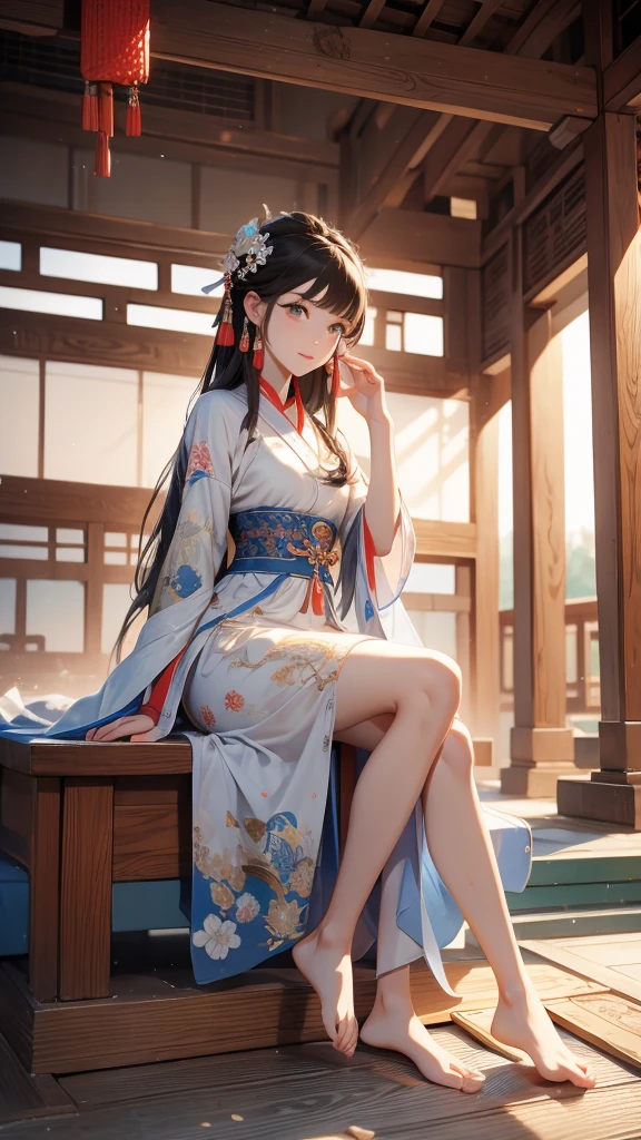 A beauty from the Tang Dynasty,barefoot,Sitting in a small pavilion,