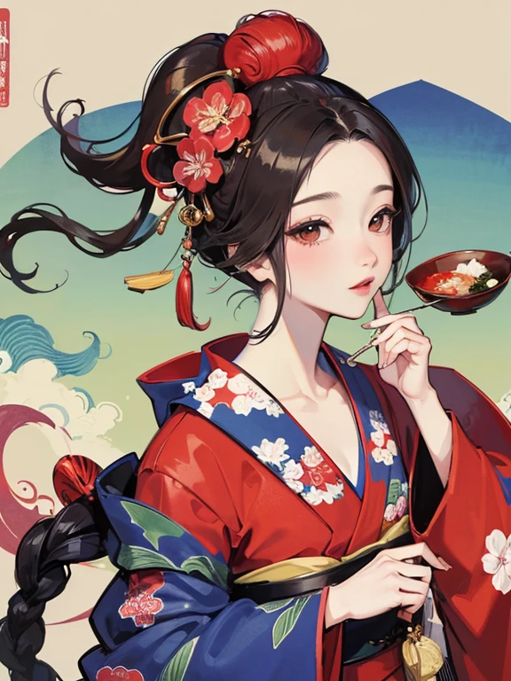 (Highest quality、masterpiece、High resolution、8K)、Vibrant colors、Ukiyo-e、Utamaro、Kimono Beauty、river、Mount Fuji in the distance、Japanese style scenery、Official Art、