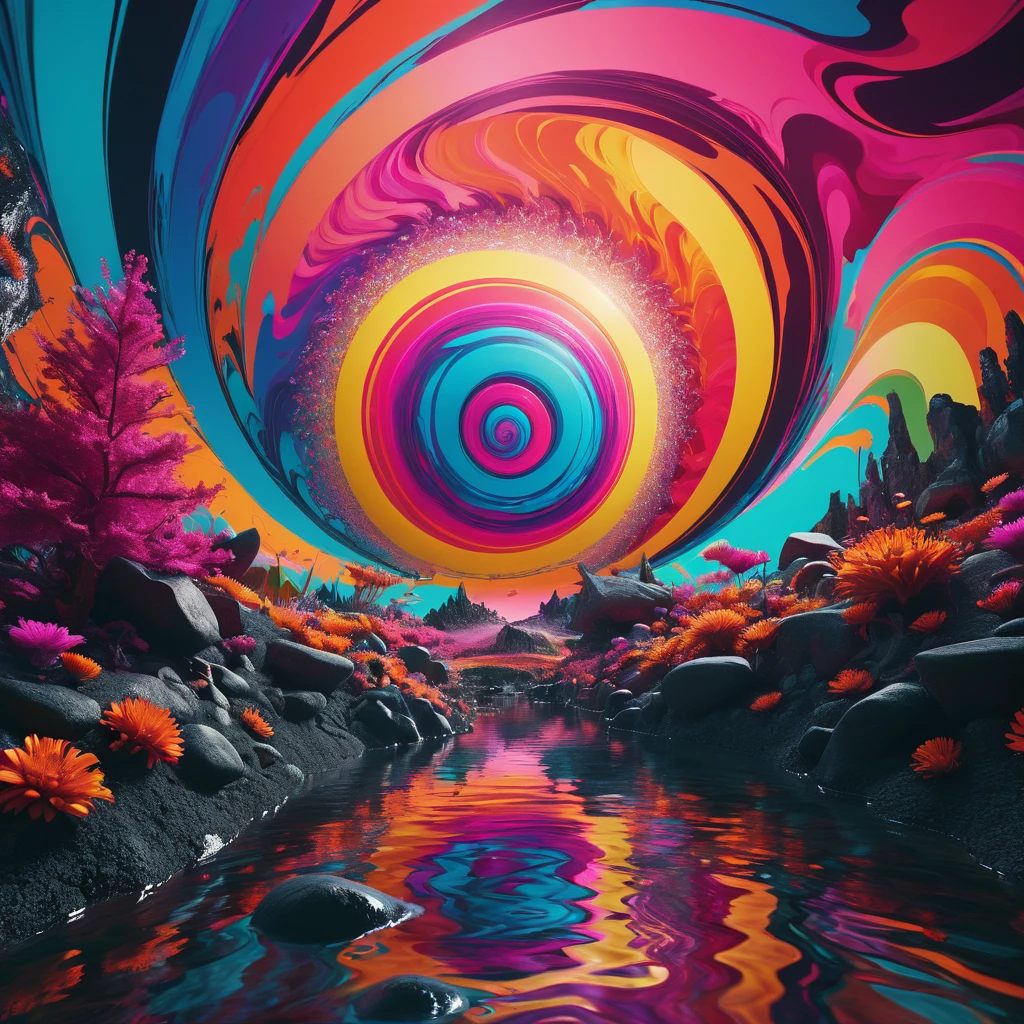 A striking and surreal cinematic scene that represents a Psychedelic experience versus Aphantasia. The foreground displays a colorful, swirling vortex of abstract shapes, patterns, and vivid hues, symbolizing the chaotic, imaginative world of psychedelia. In contrast, the background shows a stark, featureless, and monochromatic landscape, representing the absence of mental imagery in Aphantasia. The scene is lit with a soft, almost dreamlike glow, and features an atmosphere of contrast and harmony between the two conditions., cinematic