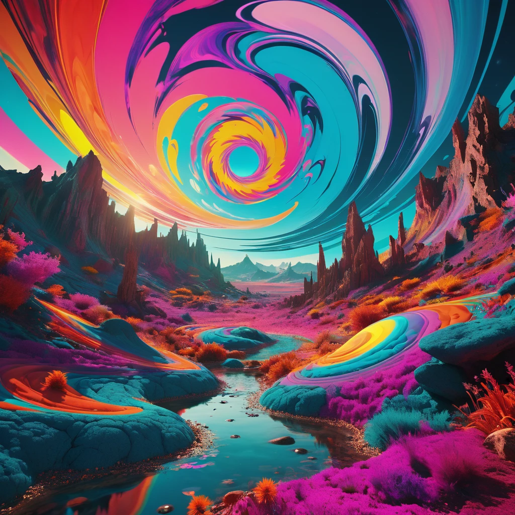 A striking and surreal cinematic scene that represents a Psychedelic experience versus Aphantasia. The foreground displays a colorful, swirling vortex of abstract shapes, patterns, and vivid hues, symbolizing the chaotic, imaginative world of psychedelia. In contrast, the background shows a stark, featureless, and monochromatic landscape, representing the absence of mental imagery in Aphantasia. The scene is lit with a soft, almost dreamlike glow, and features an atmosphere of contrast and harmony between the two conditions., cinematic