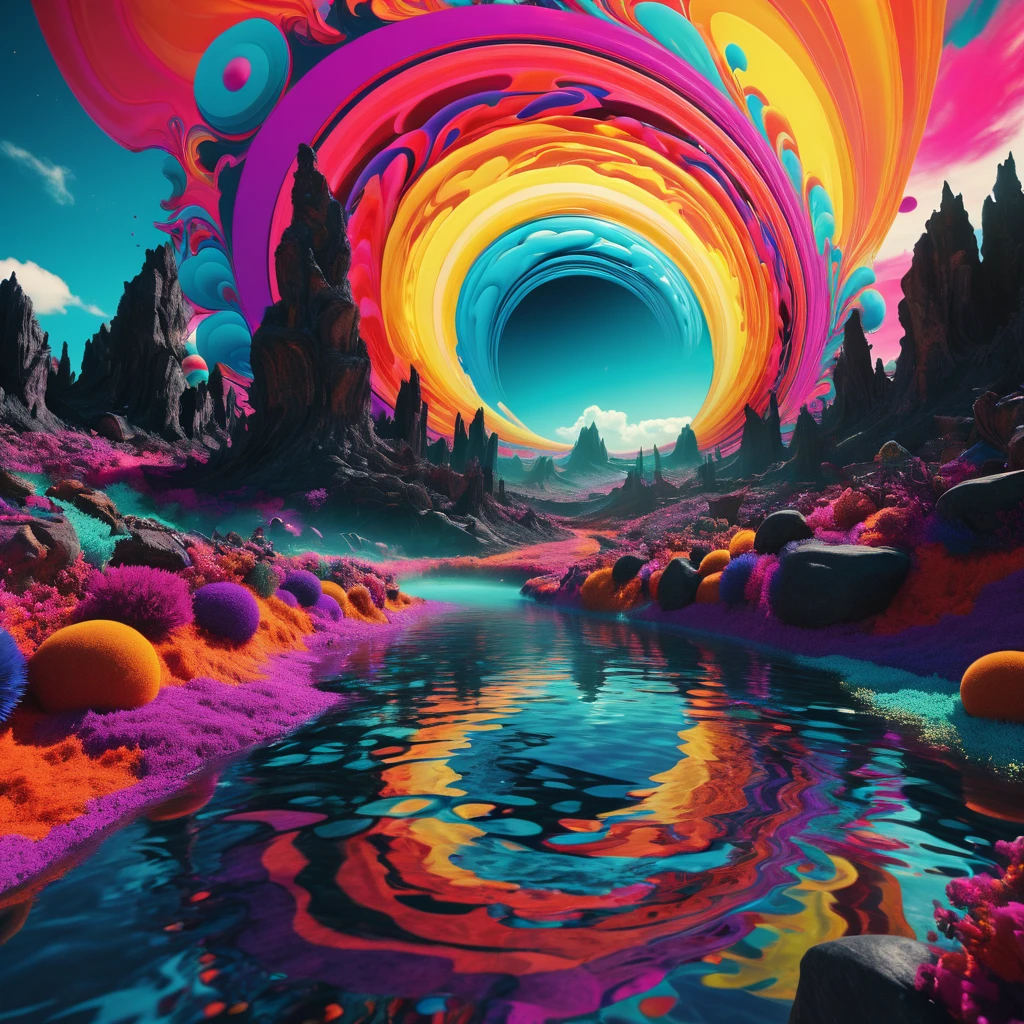 A striking and surreal cinematic scene that represents a Psychedelic experience versus Aphantasia. The foreground displays a colorful, swirling vortex of abstract shapes, patterns, and vivid hues, symbolizing the chaotic, imaginative world of psychedelia. In contrast, the background shows a stark, featureless, and monochromatic landscape, representing the absence of mental imagery in Aphantasia. The scene is lit with a soft, almost dreamlike glow, and features an atmosphere of contrast and harmony between the two conditions., cinematic