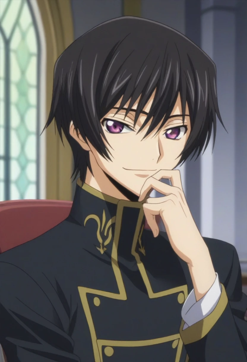 score_9, score_8_up, score_7_up, source_anime, rating_safe, intricate details, anime screencap, , , looking at viewer, depth of field, 1boy, solo, male focus, lelouch_lamperouge, black hair, purple eyes, bangs, smile, cute, chair sit down, black king suit costume, castle, room, day.