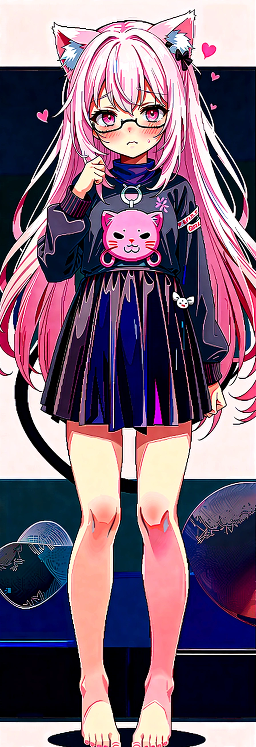 I have white pink hair, cat ears, a bow, my face is super blushing, black glasses, pink heart eyes, a big pink sweatshirt, a black skirt, black stockings, what&#39;s up, barefoot, a cat&#39;s tail, a girl Very shy