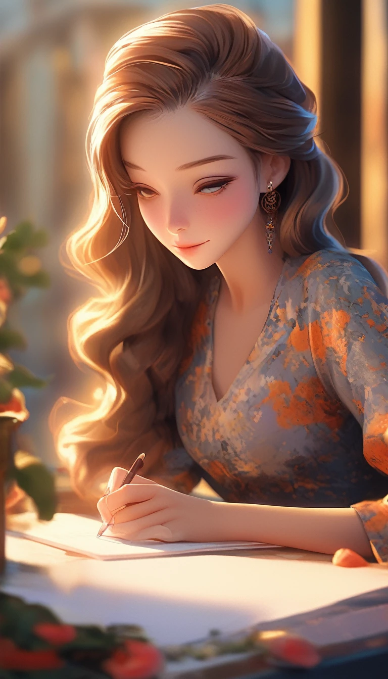 a woman writing at a table overlooking a beautiful sunset, long detailed hair, intricate floral dress, warm lighting, cinematic angle, hyper detailed, highly realistic, 8K, (best quality,4k,8k,highres,masterpiece:1.2),ultra-detailed,(realistic,photorealistic,photo-realistic:1.37),detailed facial features, expressive eyes and lips, soft glowing lighting, vibrant colors, warm color palette, dramatic lighting, cinematic composition, photorealistic, digital art, concept art, studio lighting