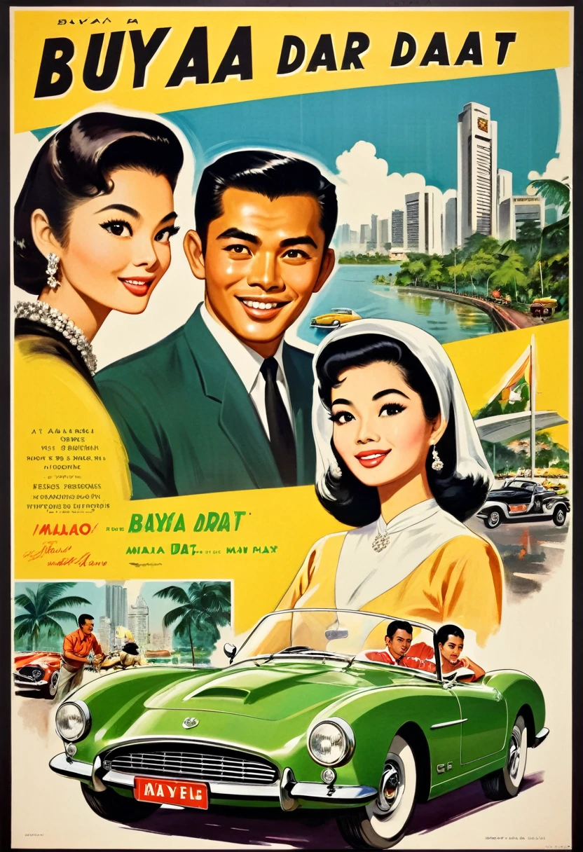vintage film poster illustration. A vintage movie poster of romantic film in 1960's style, title "Buaya Darat" . featuring retro style with a black border around all edges. a handsome Malay man, talking to beautiful young Malay woman in a sports car. background of a Singapore city in 1960.