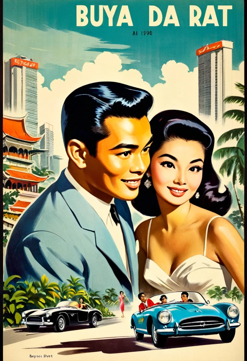 vintage film poster illustration. A vintage movie poster of romantic film in 1960's style, title "Buaya Darat" . featuring retro style with a black border around all edges. a handsome Malay man, talking to beautiful young Malay woman in a sports car. background of a Singapore city in 1960.