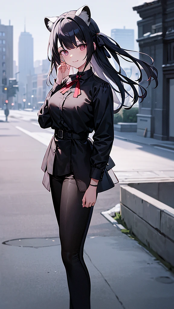 (work of art, best qualityer), 2d, 1 girl, medium sized breast, details Intricate, White hair, shorth hair, eyes black, gazing at viewer, Black raccoon ears, raccoon tail, black hair ribbon, hand on own face, Red shirt, black pants, cowboy shot, black trim, Black boots, standing, ssmile, gazing at viewer, gaping mouth, ever forward, city background, choker, snowy background