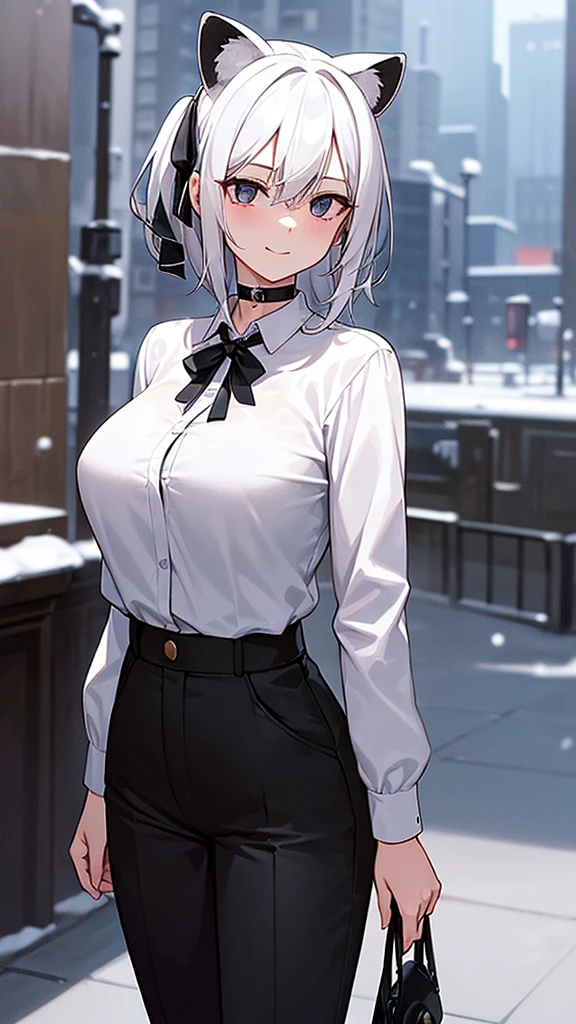 (work of art, best qualityer), 2d, 1 girl, medium sized breast, details Intricate, White hair, shorth hair, eyes black, gazing at viewer, Black raccoon ears, raccoon tail, black hair ribbon, hand on own face, Red shirt, black pants, cowboy shot, black trim, Black boots, standing, ssmile, gazing at viewer, gaping mouth, ever forward, city background, choker, snowy background