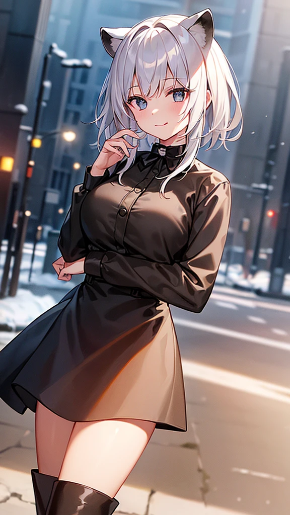 (work of art, best qualityer), 2d, 1 girl, medium sized breast, details Intricate, White hair, shorth hair, eyes black, gazing at viewer, Black raccoon ears, raccoon tail, black hair ribbon, hand on own face, Red shirt, black pants, cowboy shot, black trim, Black boots, standing, ssmile, gazing at viewer, gaping mouth, ever forward, city background, choker, snowy background