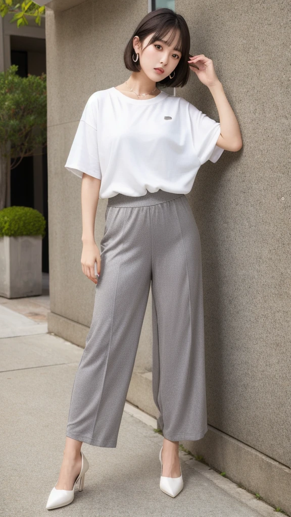 (8K, Photorealistic, Raw photo, Highest quality: 1.4),Japanese idol-style beautiful girl,model,1 person,18-year-old,(Short Bob),(Silver Hair :1.1),She has her hair tucked behind her ears,Clear grey eyes,Long eyelashes,(piercings(small)),(Lip gloss),lips(Plump,glossy),thin long neck,(Big T-shirt),(Wide leg pants((Sweat fabric),(Length that covers the instep))),pumps,Full body portrait