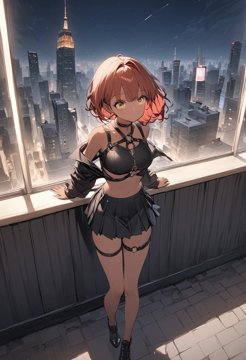 table top, highest quality,figure, wallpaper, Super detailed, absurd, 1 girl, alone, ( short red hair, tan skin, yellow eyes), detailed and beautiful eyes , (street:1.3), hair blowing in the wind,(panoramic view:1.3),(sense of depth:1.5),(long shot:1.3) girl standing on balcony looking at the city at night, wearing open sexy clothes, black skirt, Black stockings, long sleeves, chest harness, black shirt, crop top, skirt, Shoes, O-Ring, midriff, off shoulder, medium breasts, thigh strap, pleated skirt (skirt blowing in the wind) looking up at the sky, ignoring camera