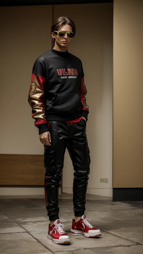 (The best quality, Ultra detailed, golden ratio, Masterpiece:1.2), retrato realist, Model man, fashion show, full leather walking, distant shot, detailed, realist, without errors, model, futuristic clothing, black cargo pants, red converse tennis shoes, red and black Varsity sweatshirt, extravagant red and black accessories, enigmatic, molding, man from afar, full red motocross goggles, model.