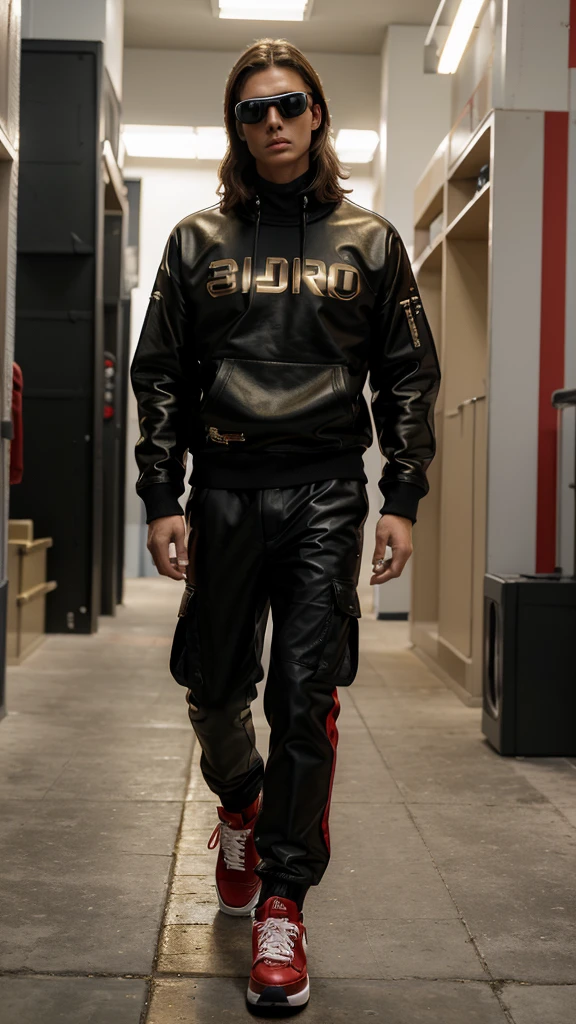 (The best quality, Ultra detailed, golden ratio, Masterpiece:1.2), retrato realist, Model man, fashion show, full leather walking, distant shot, detailed, realist, without errors, model, futuristic clothing, black cargo pants, red converse tennis shoes, red and black Varsity sweatshirt, extravagant red and black accessories, enigmatic, molding, man from afar, full red motocross goggles, model.