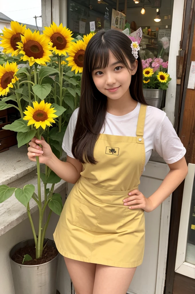 A 20-year-old girl working at a flower shop(Wearing a miniskirt and apron)have a sunflower