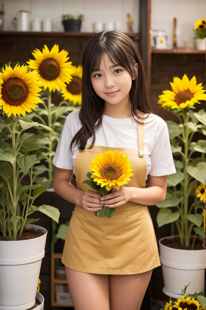 A 20-year-old girl working at a flower shop(Wearing a miniskirt and apron)have a sunflower