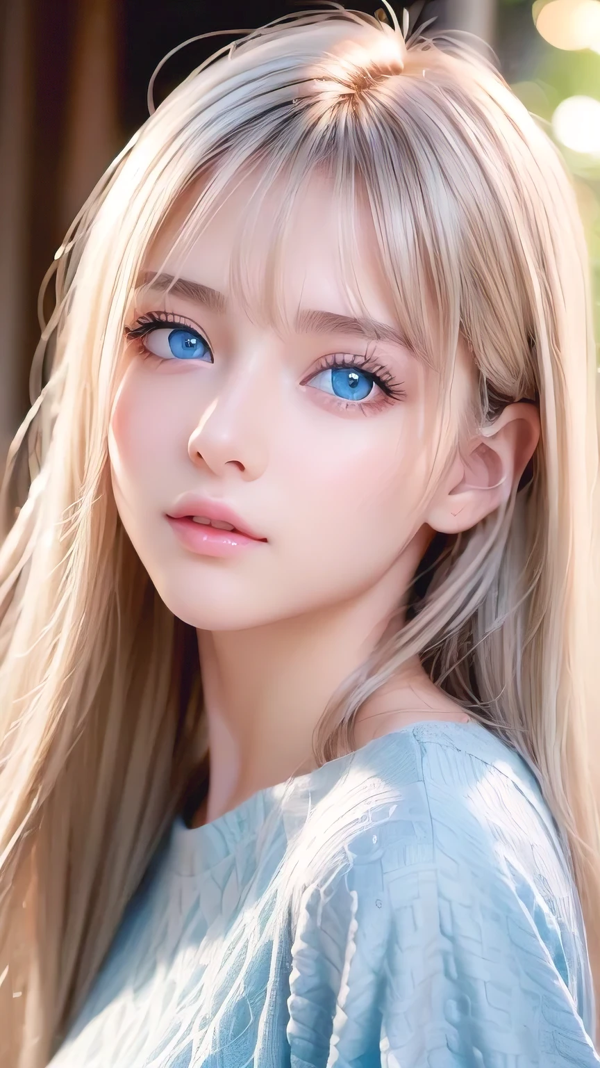 Dressed、(Photorealistic:1.4)、(ハイパーRealistic:1.4)、(Realistic:1.3)、(Smooth lighting:1.05)、(Improved cinematic lighting quality:0.9)、32k、1 Girl、Very cute expression、A beautiful  blonde girl、Bangs over the eyeessy bangs、Realistic top lighting、Backlight、Face Light、Super long silky platinum hair、Blonde rays、(Bright light:1.2)、(quality improvement:1.4)、(Highest quality realistic textured skin:1.4)、Very beautiful detailed large shining light blue eyes、Very big eyes、Detailed face、A careful eye for quality、(Tired, sleepy and satisfied: 0.0)、Face close up、T-Shirts、(Enhances the body line:1.1)、(Enhances the beauty of skin texture:1.1)、Cheek gloss highlighter