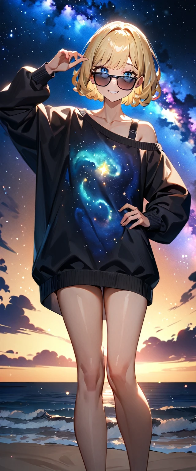 (((a starry sky, the Milky Way shining beautifully in the night))), ((bare legs)), (((sunglasses, hand to sunglasses))), (((cowboy shot))), ((wavy hair, inward curled hair)), ((sea, beach)), ((blond hair, bob cut:1.3)), breasts, teenager, (looking at viewer), oversized clothes, puffy long sleeves, ((off-shoulder sweater:1.3, Quite thick shoulder straps)), ((black sweater)), collarbone, head tilt:1.3, (((blue eyes))), ((happy smile)), (((anime style))), (best quality, 4K, 8K, highres, masterpiece:1.2, ultra-detailed, ultra-detailed eyes, HDR, uhd, studio lighting, ultra-fine painting, sharp focus, physically-based rendering, extreme detail description, professional, vivid colors, bokeh)
