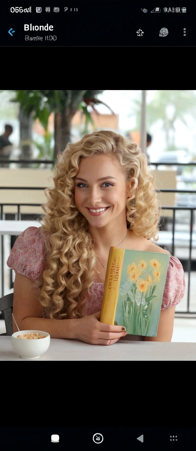 there is a blonde woman with long curly hair, Smiling for the camera, sitting at the table with a book in hand